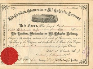 Camden, Gloucester and Mt. Ephraim Railway - Railroad Stock Certificate